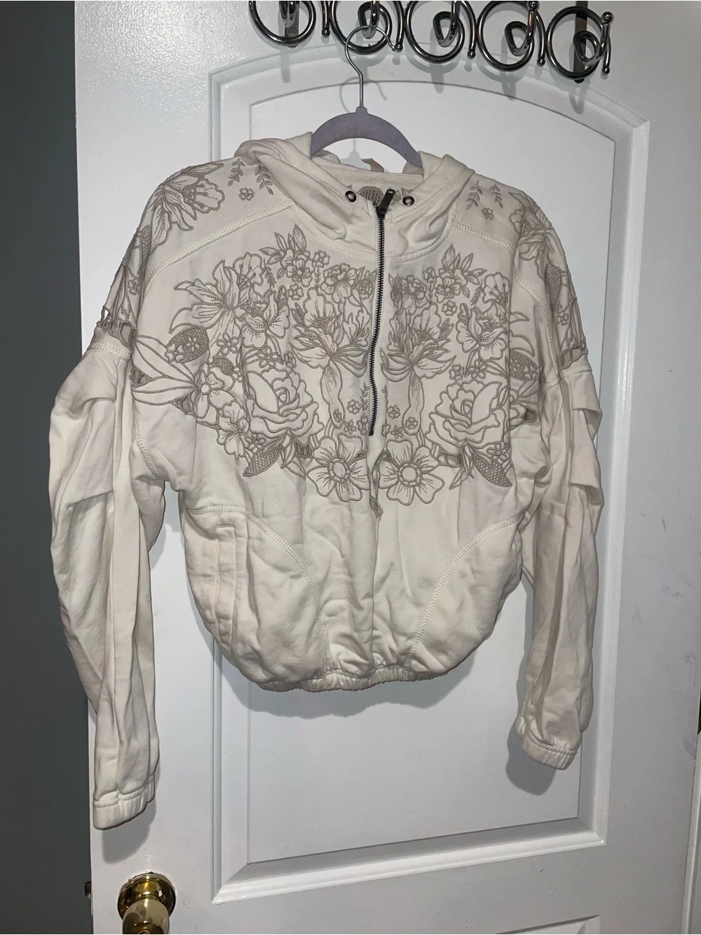 Free People Movement Logo Fast Lane Cream Floral Embroidered Half-Zip Sweatshirt